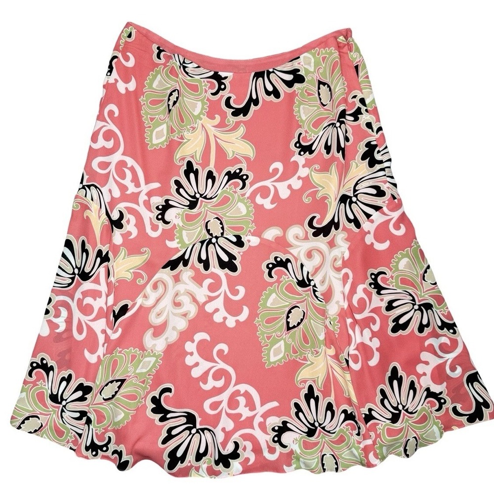 Y2K Pink Floral Scroll Print A Line Midi Skirt Resort Preppy Size 6